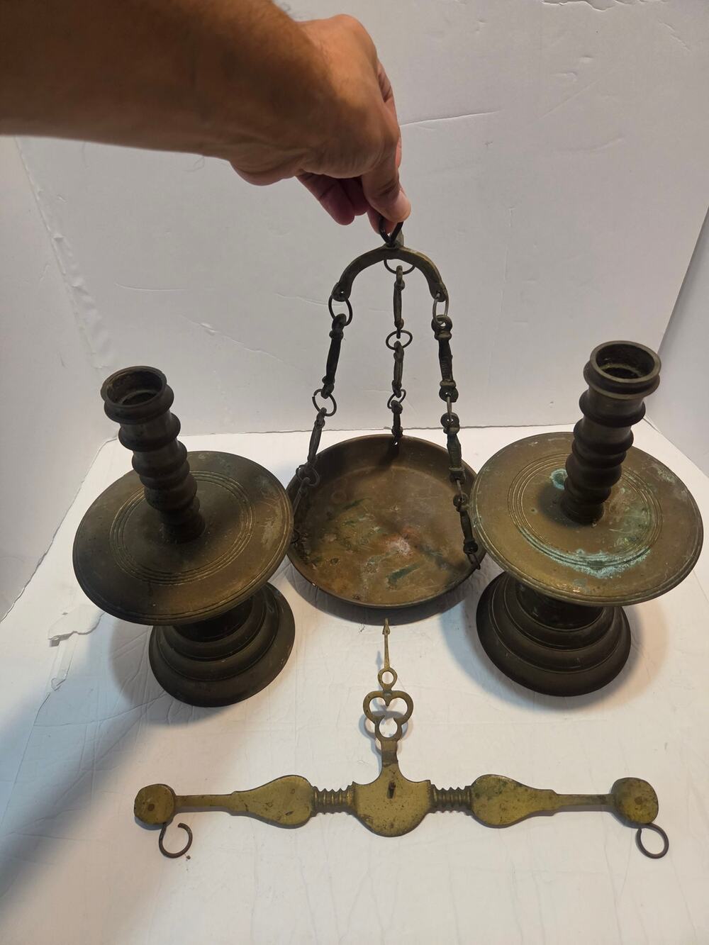 Piece Antique Style Brass Bundle: Balance Beam Scale Tray & Pair of Candlesticks